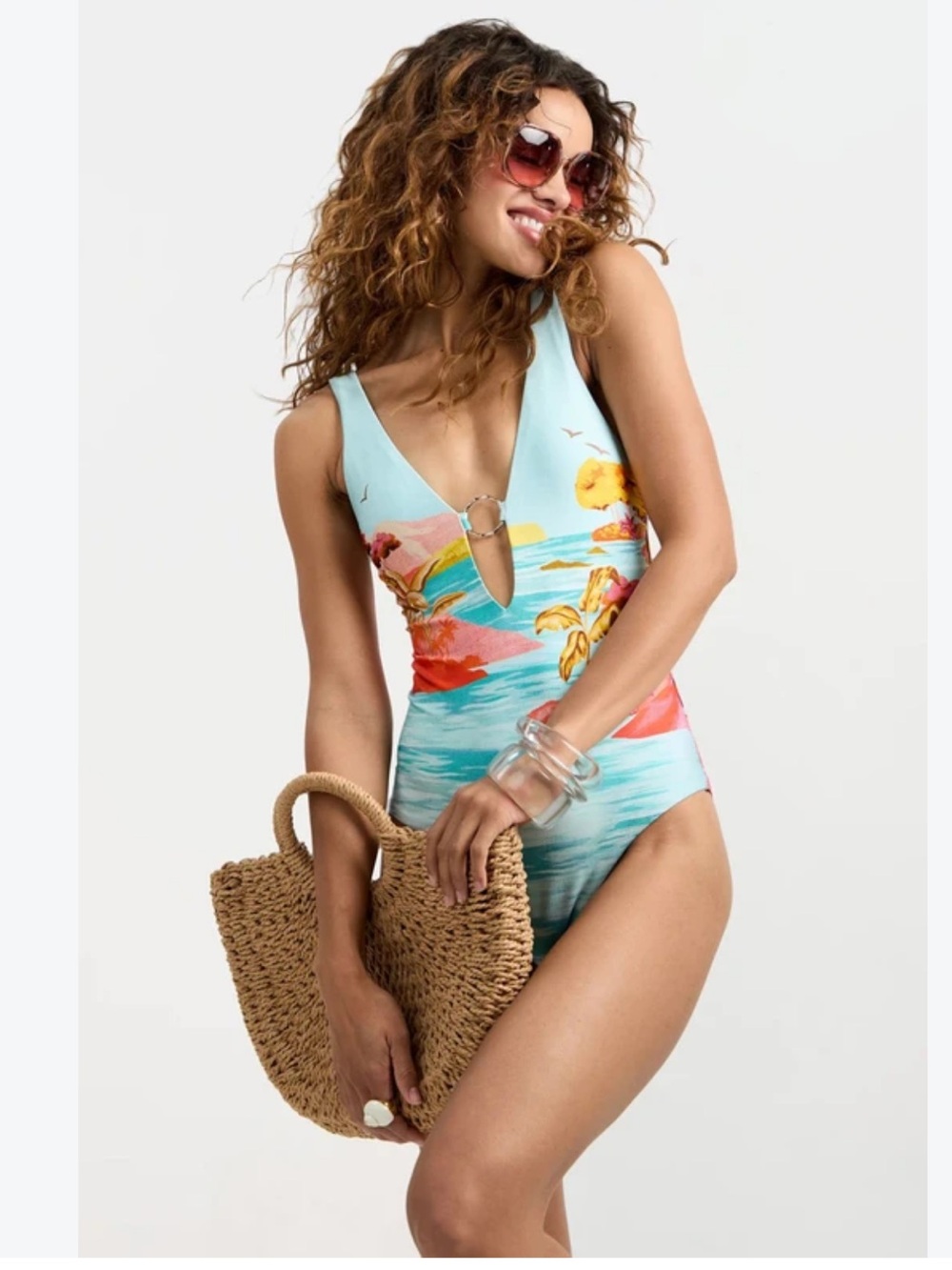 NWT TRINA TURK Cyclades Bamboo Ring Plunge One Piece Swimsuit